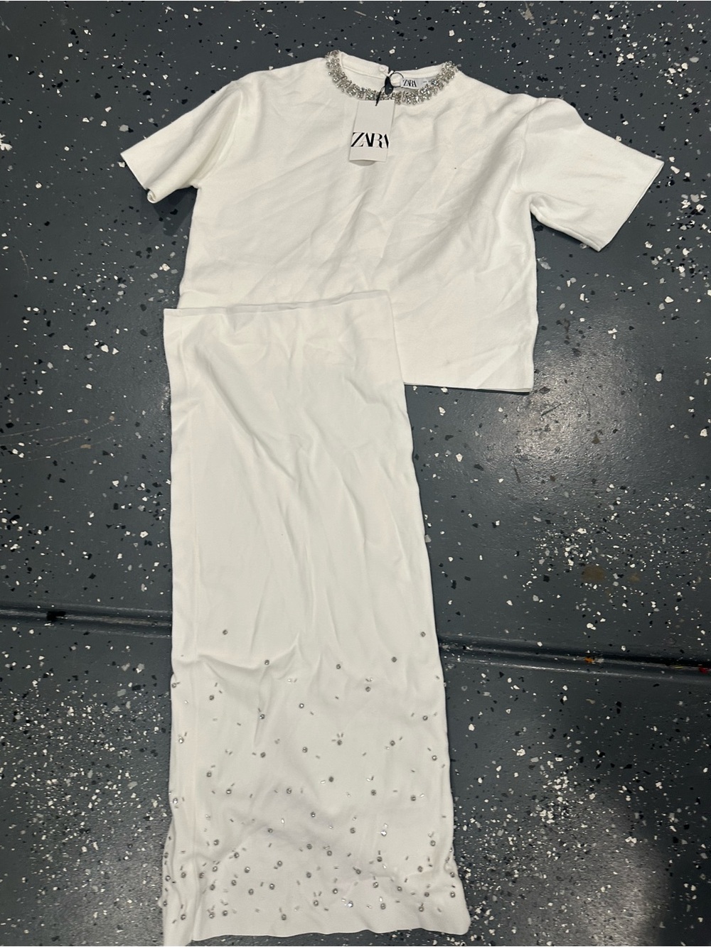 Zara knittted set with stones embeded White Top and Skirt with Silver Accents